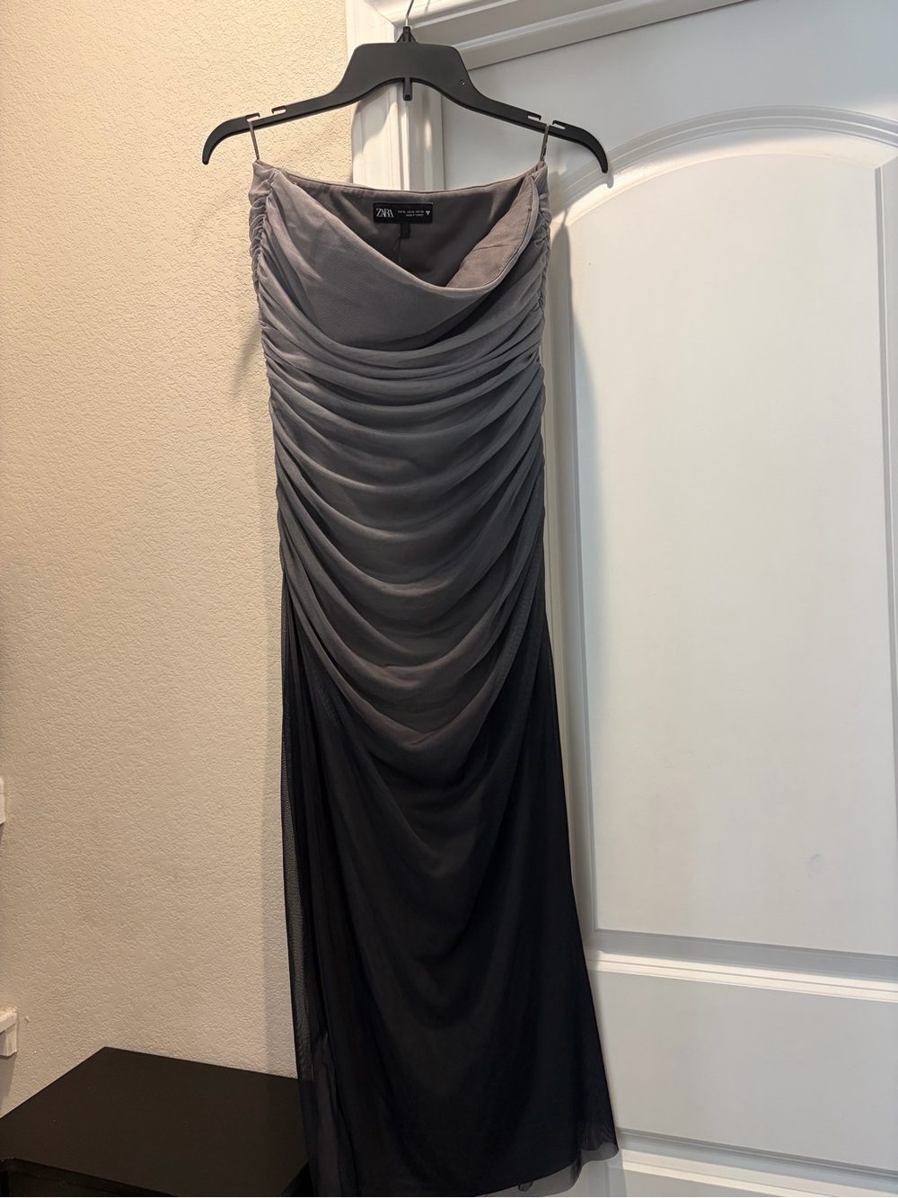 Zara Gray to Black Ombre Ruched Strapless Maxi Dress